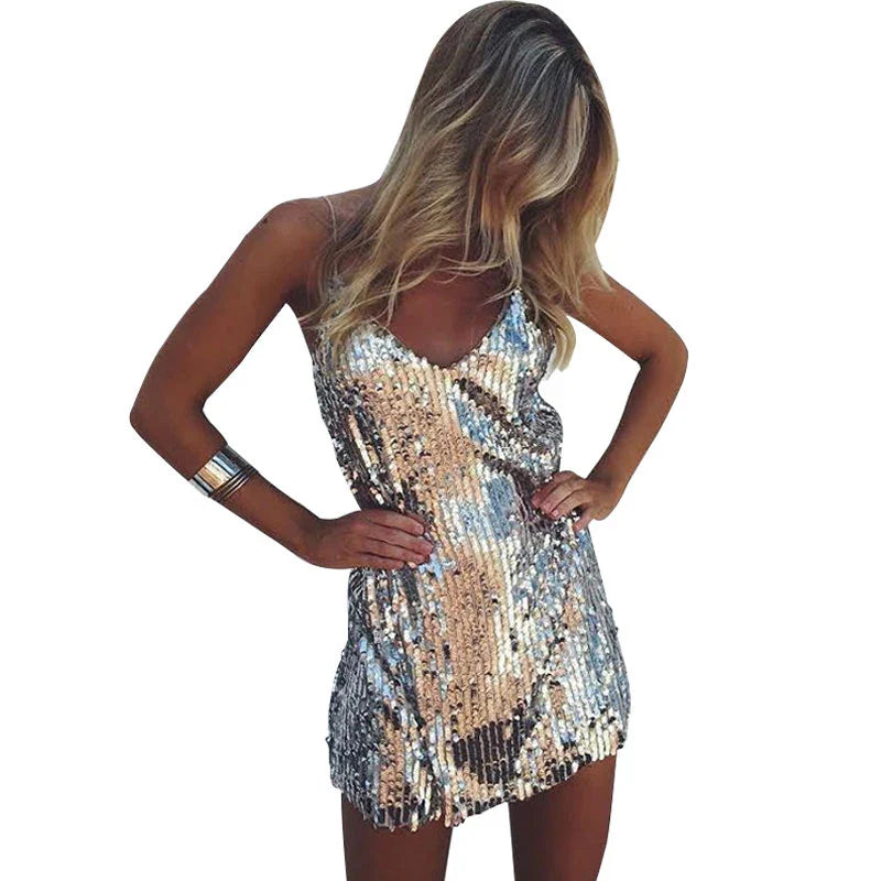 Sereluna Mini Kleid Damen – Glitzerndes Off-Shoulder Kleid mit Tiefer V-Ausschnitt für Feste & Partys