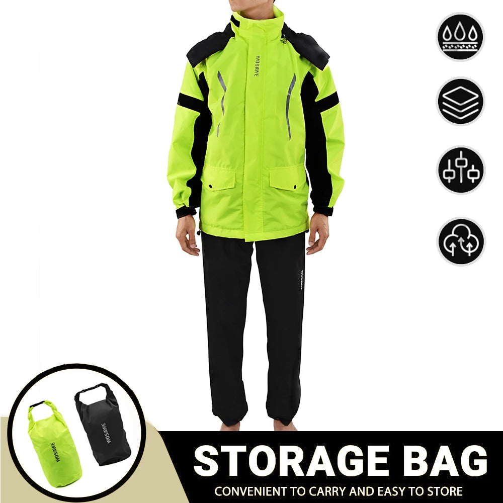Wasserdichter Herren Motorrad Regenmantel mit Reflektoren, Schwarz/Grün, S-XXXL