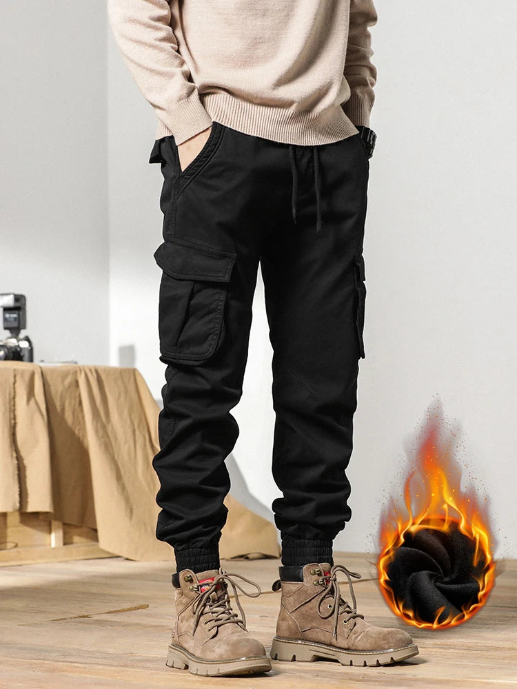 Pantalon cargo d'hiver pour homme avec doublure en polaire, taille élastique, coupe slim