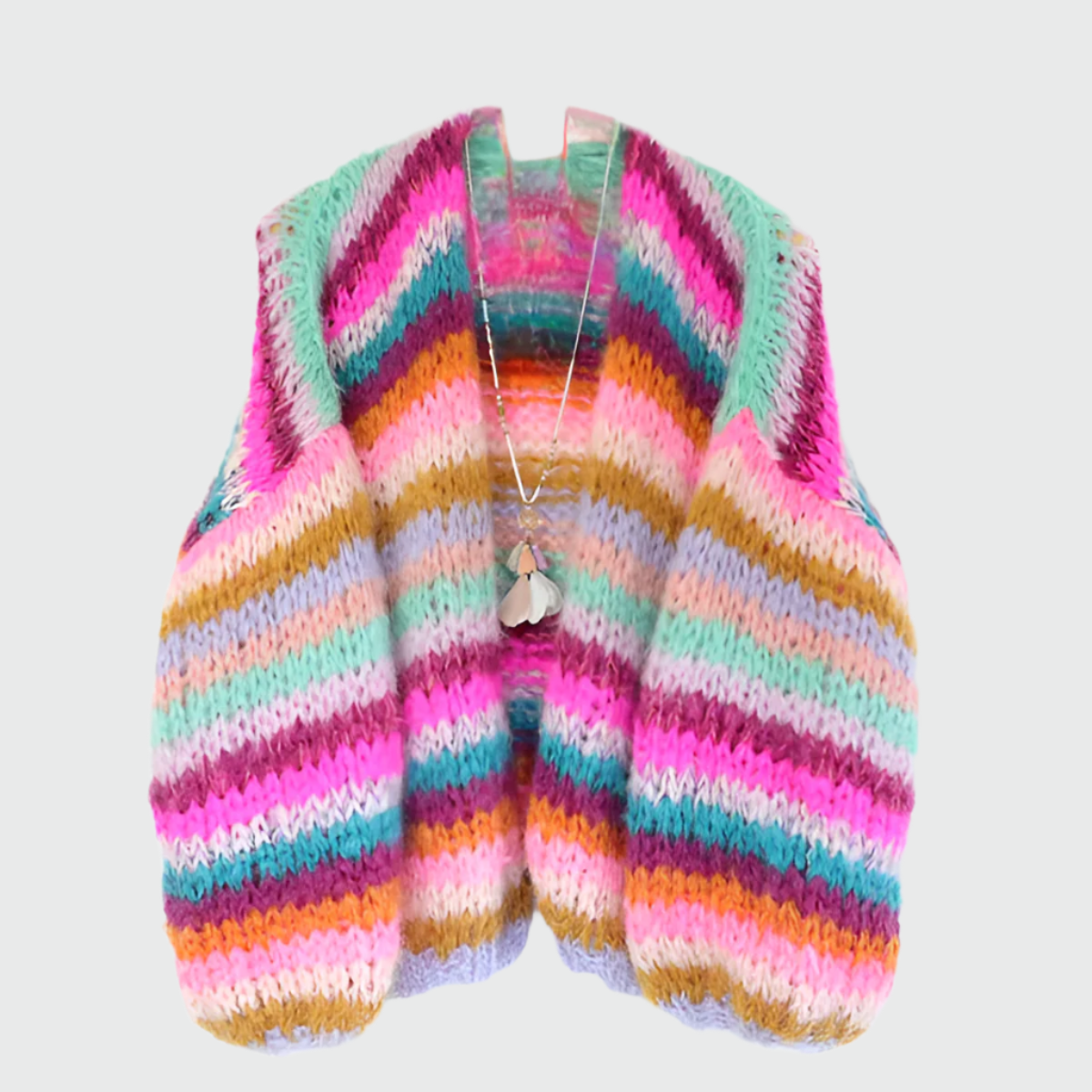 Strickjacke Damen mit buntem Muster & Holzknöpfen – Boho-Stil