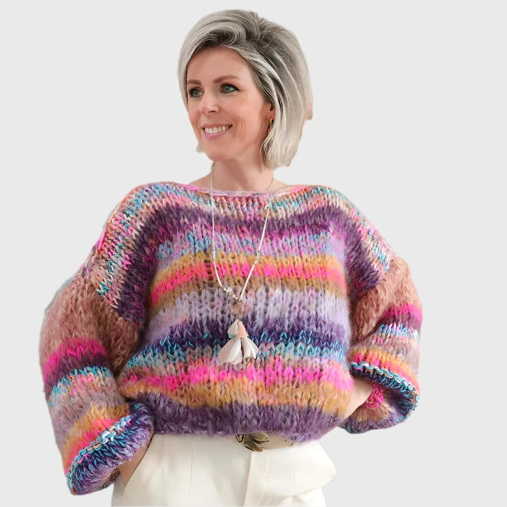 Strickjacke Damen mit buntem Muster & Holzknöpfen – Boho-Stil