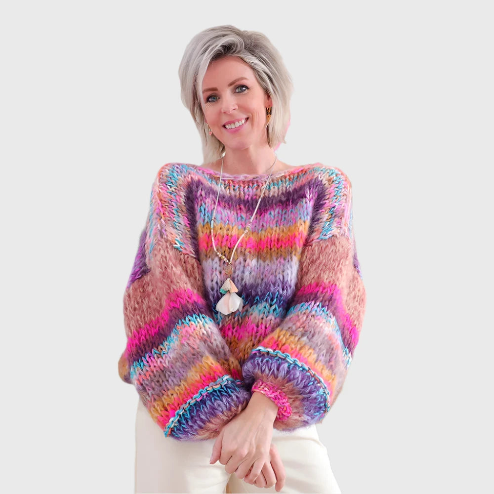 Strickjacke Damen mit buntem Muster & Holzknöpfen – Boho-Stil
