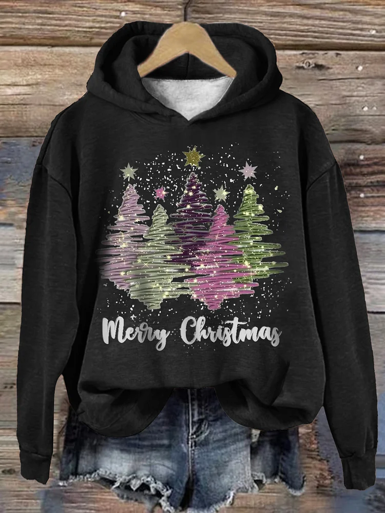 Xmas Hættetrøje | Kvinders Løse Pasform | Juletræ Pullover Sweatshirt