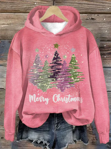 Xmas Hættetrøje | Kvinders Løse Pasform | Juletræ Pullover Sweatshirt