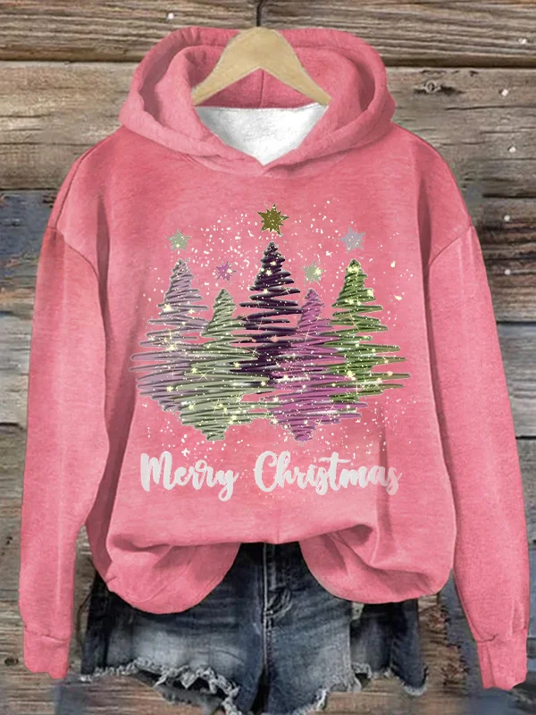 Xmas Hættetrøje | Kvinders Løse Pasform | Juletræ Pullover Sweatshirt