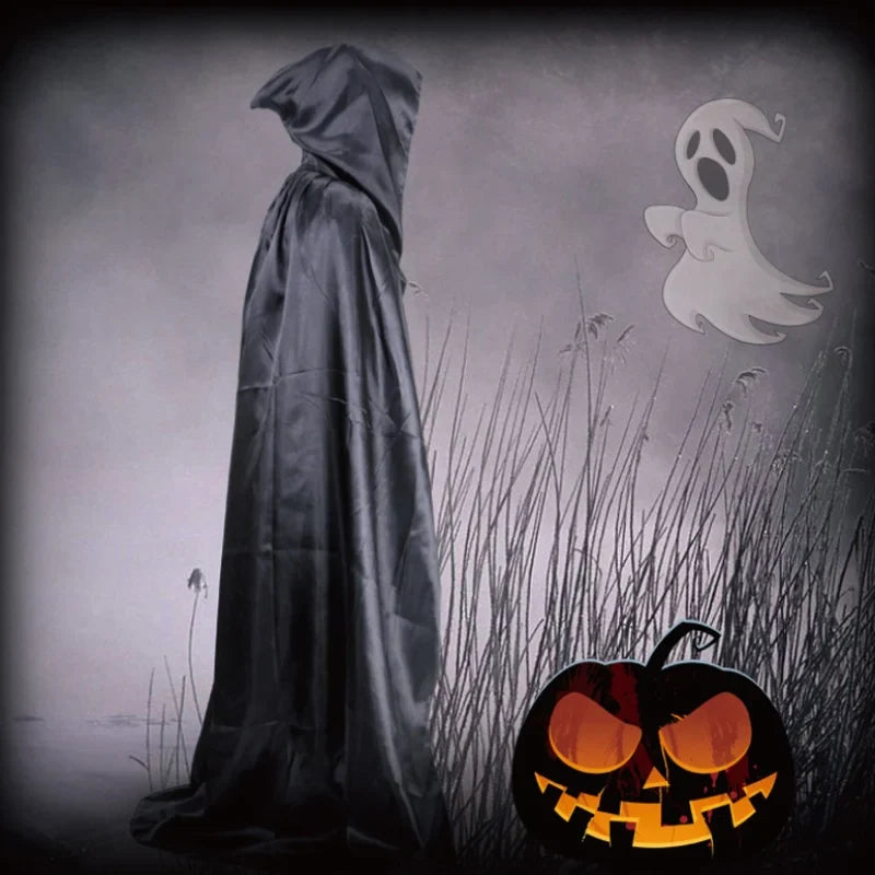 ShadowWear – Schwarzer Unisex Halloween-Umhang mit Kapuze – Langer Weicher Überwurf