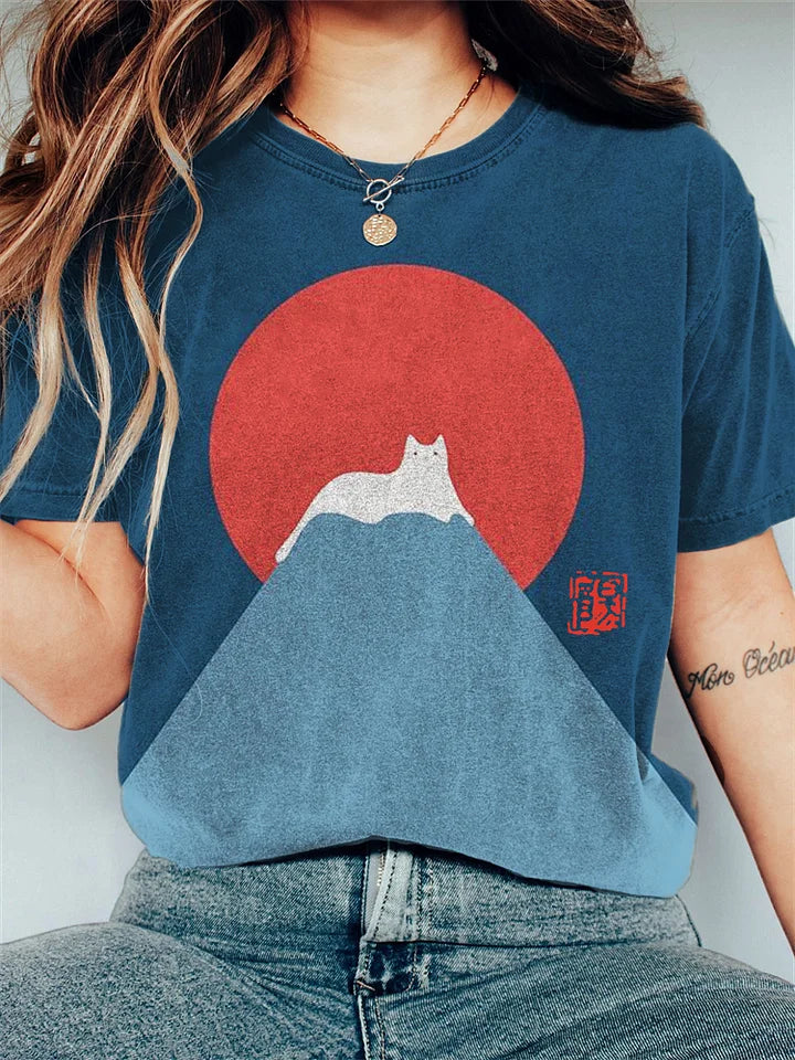 Japanische Kunst Fuji Katze auf Berg T-shirt mit Druck - Patricia