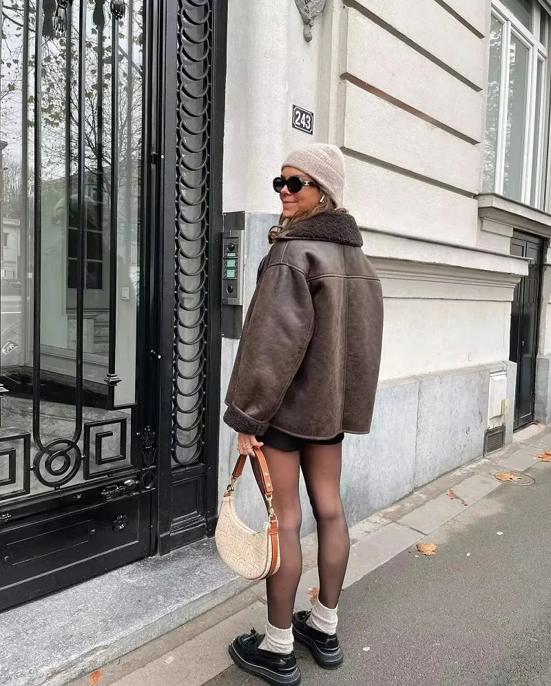 Veste en cuir Miranda | Veste chaude en mélange de laine avec look PU à la mode
