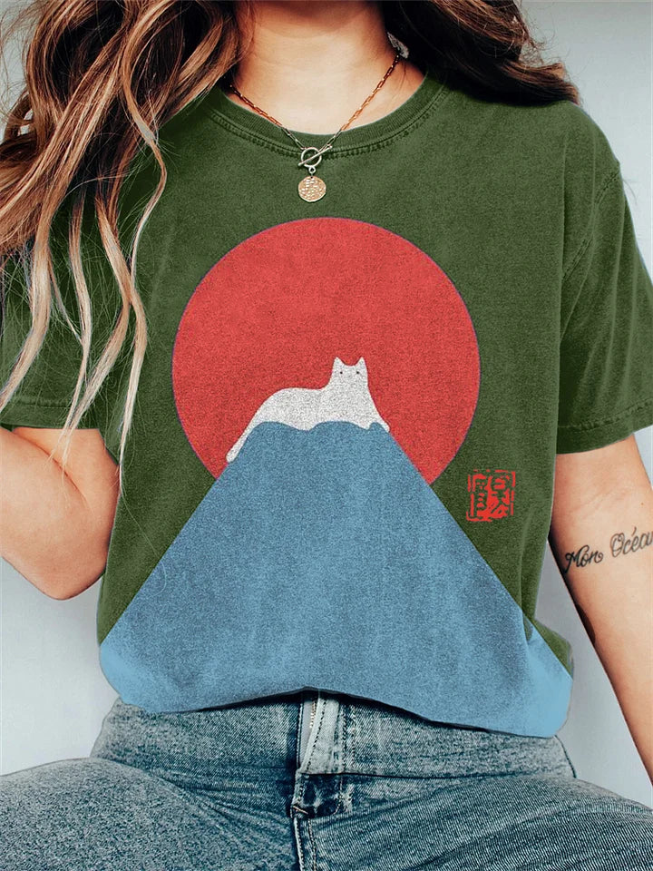 Japanische Kunst Fuji Katze auf Berg T-shirt mit Druck - Patricia