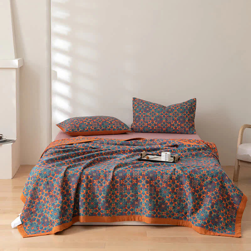 ColorWeave – Sekstrenget bomuldstæppe mønster orange-blå – Varm & stilfuld