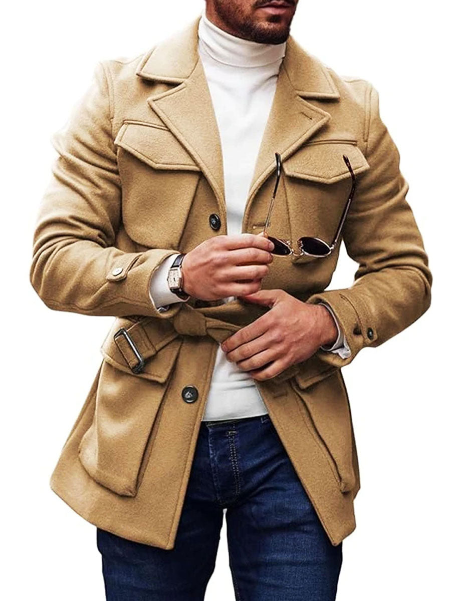 Veste multi-poches unie avec revers et laçage en laine - Élégante et confortable