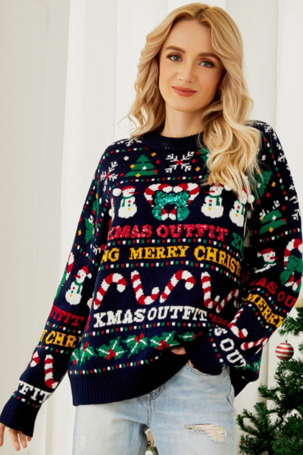 Juleprint Crewneck Pullover med overskårne skuldre - Festlig Pullover