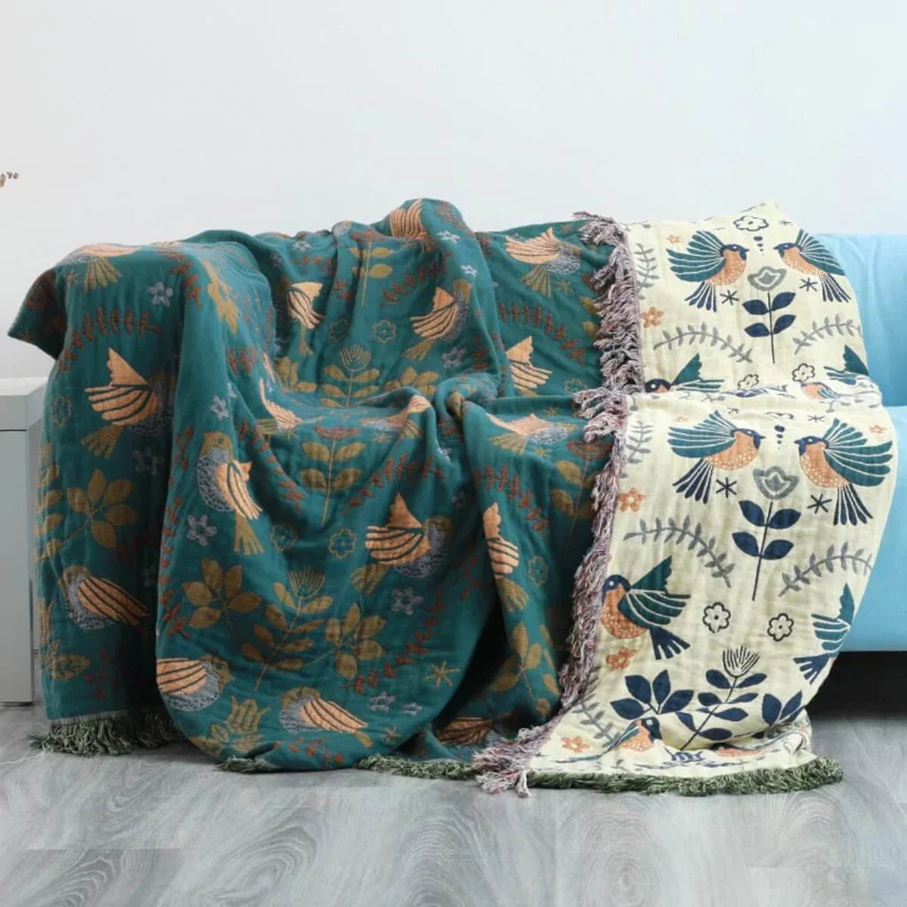 SkandiLoom – Couverture réversible en coton design scandinave – Oiseaux & Nature