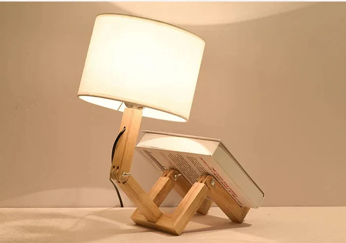 RutanFlex Verstellbare Roboter-Tischlampe aus Holz mit Buchhalterung