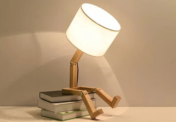 RutanFlex Verstellbare Roboter-Tischlampe aus Holz mit Buchhalterung