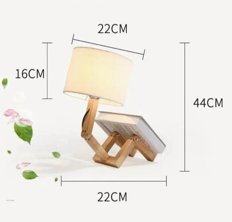 RutanFlex Verstellbare Roboter-Tischlampe aus Holz mit Buchhalterung
