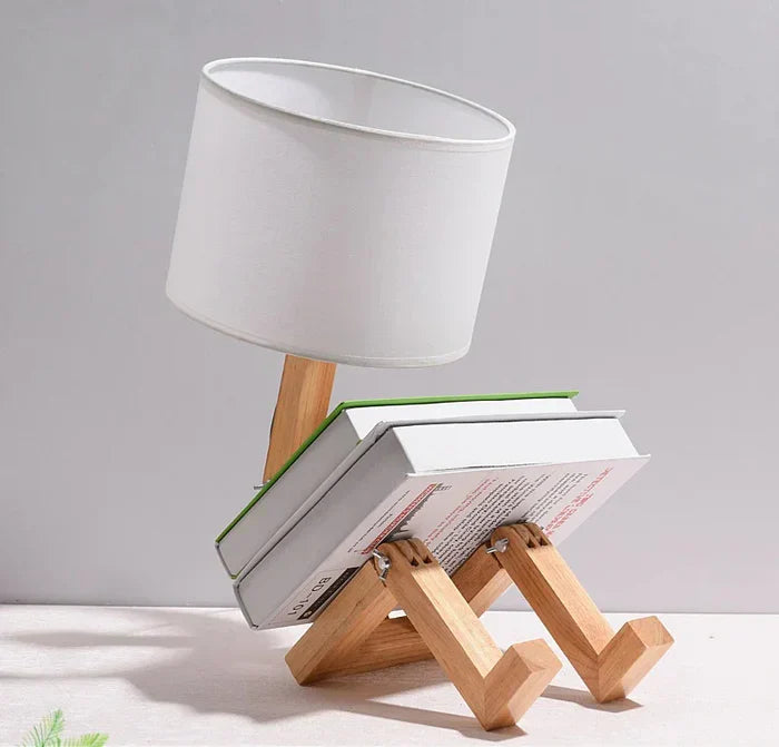 RutanFlex Verstellbare Roboter-Tischlampe aus Holz mit Buchhalterung