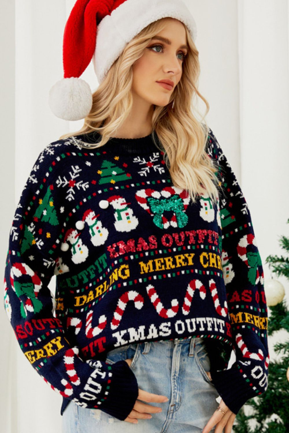 Juleprint Crewneck Pullover med overskårne skuldre - Festlig Pullover