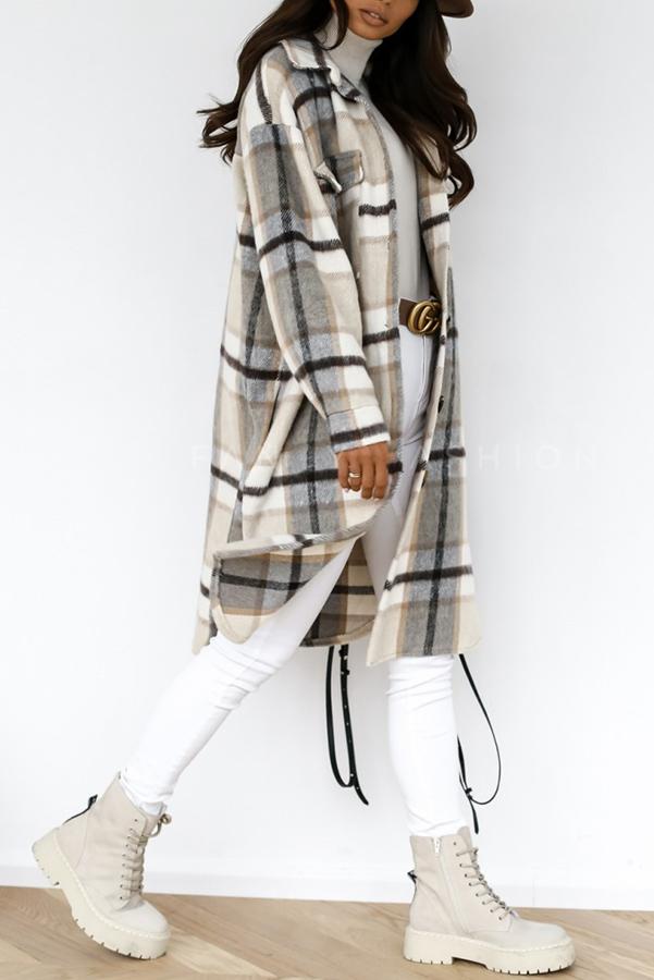 Wacine Jacket - Lange karierte Wolljacke mit Taschen für Frauen