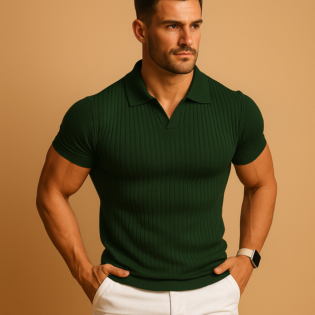 Niels – Poloshirt Slim Fit mit V-Ausschnitt und Rippstrick – Herren Casual Style