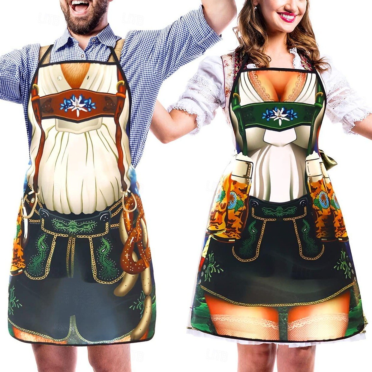 WiesnSpaß – Schürzenset für Paare mit Dirndl- & Lederhosen-Print