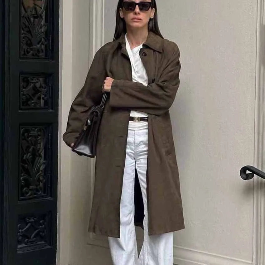 Giacca da donna elegante in pelle scamosciata Braun | Elegante e calda per i mesi invernali