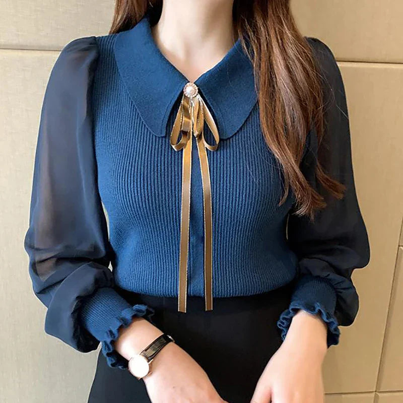 Elegantní pulovr z šifónu | Elegantní pulovr s lucernovými rukávy a límcem