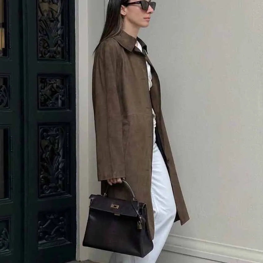 Giacca da donna elegante in pelle scamosciata Braun | Elegante e calda per i mesi invernali
