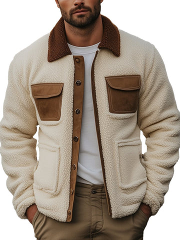 Giacca in pile polare con risvolto patchwork in pelle scamosciata casual multi-tasca - elegante e funzionale