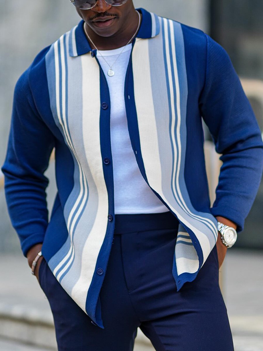 Cardigan a righe da uomo con rever e abbottonatura - Elegante e casual