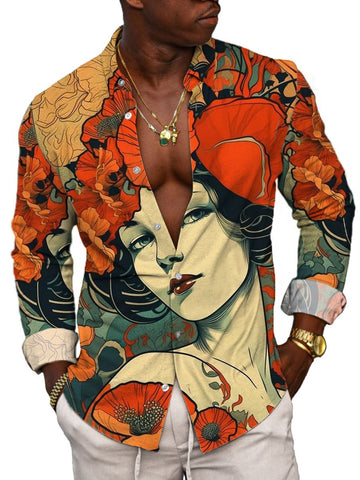 Camicia casual a maniche lunghe da uomo con stampa retrò beauty - Unica e alla moda