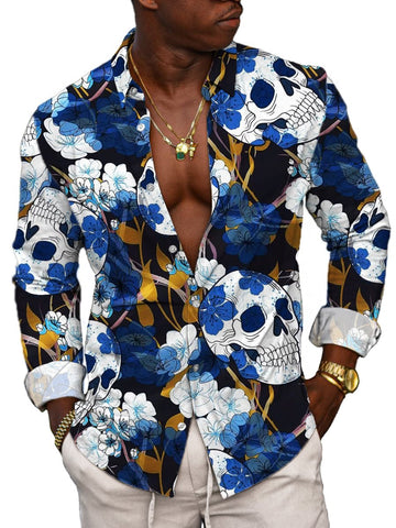 Camicia da uomo a maniche lunghe in stile vintage con stampa di teschi e fiori - Elegante