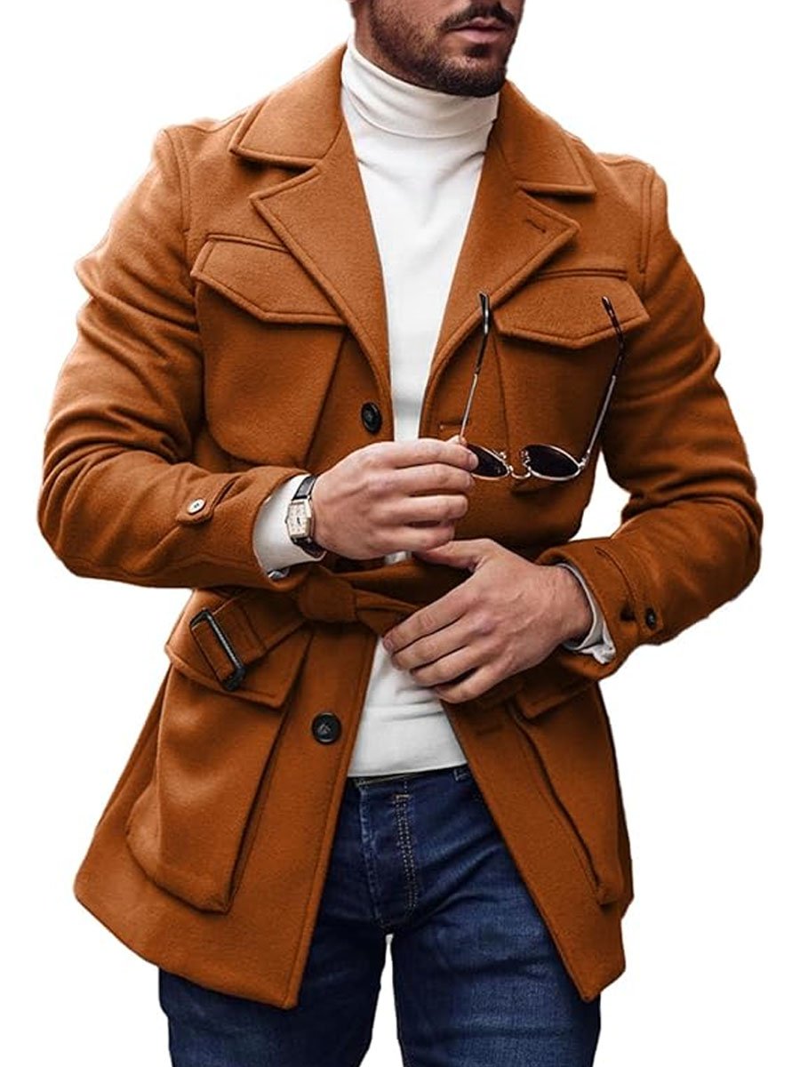 Veste multi-poches unie avec revers et laçage en laine - Élégante et confortable