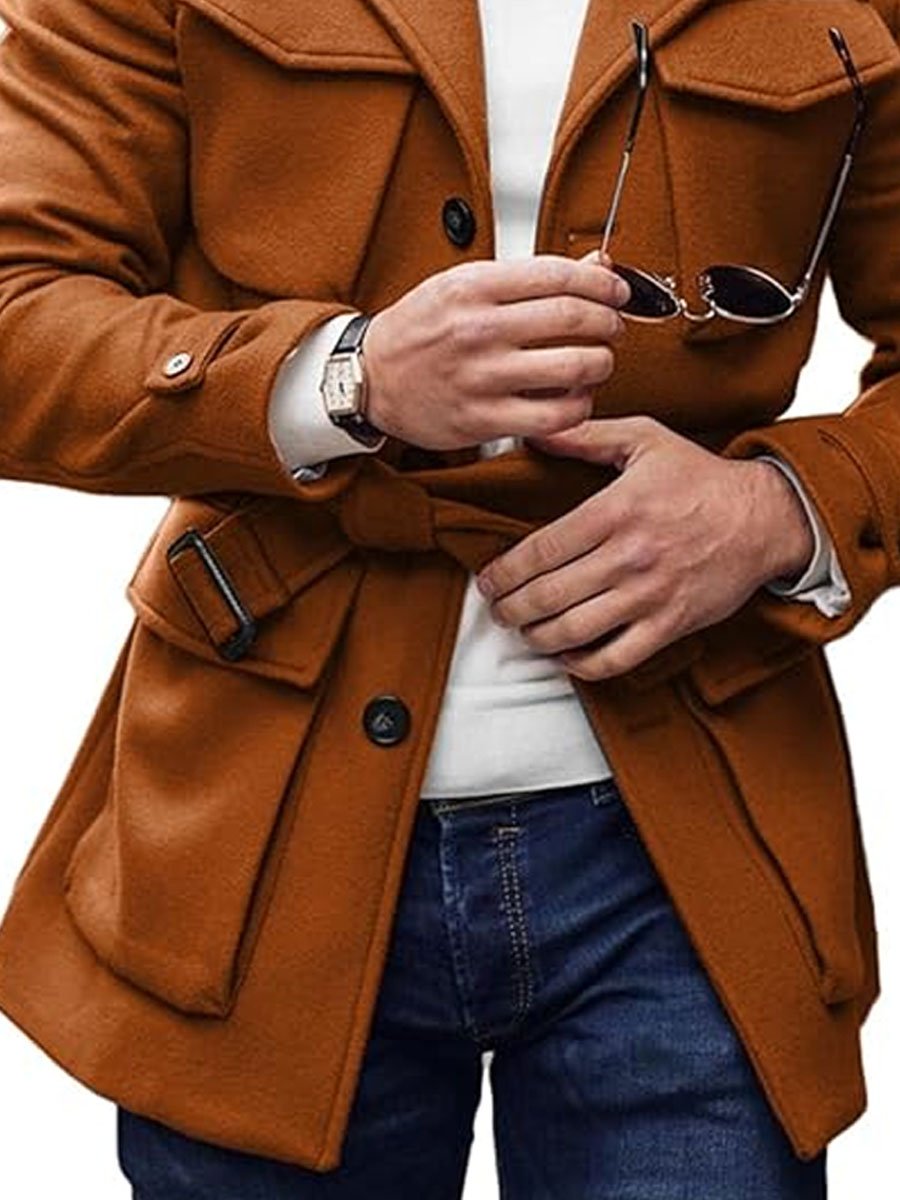 Veste multi-poches unie avec revers et laçage en laine - Élégante et confortable
