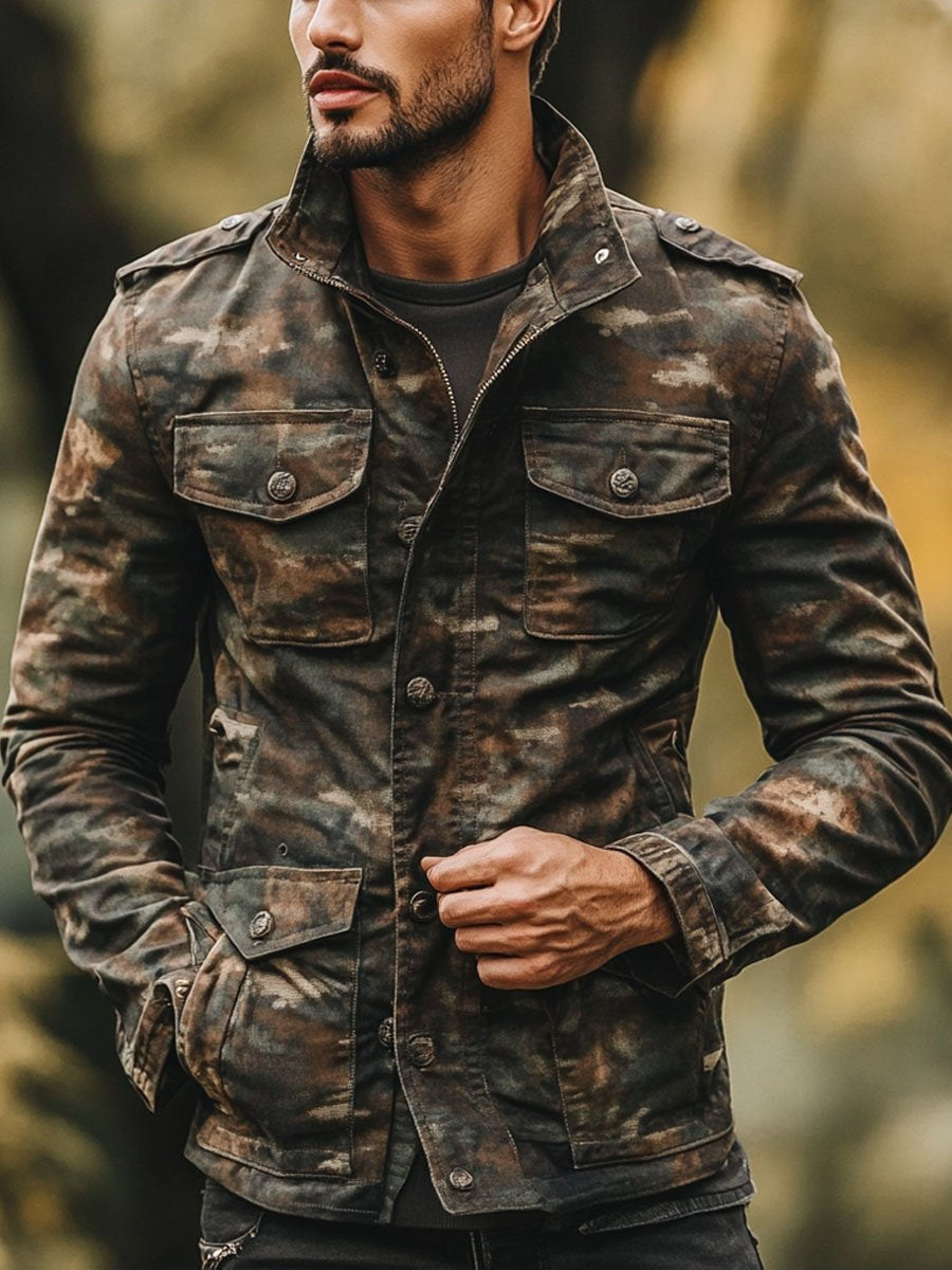 Giacca Casual Vintage da Uomo con Stampa Mimetica e Multi-Tasche con Cerniera