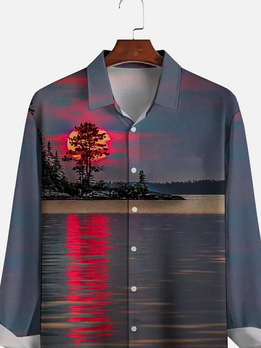 Camicia a maniche lunghe da uomo con stampa paesaggio all'alba - Elegante