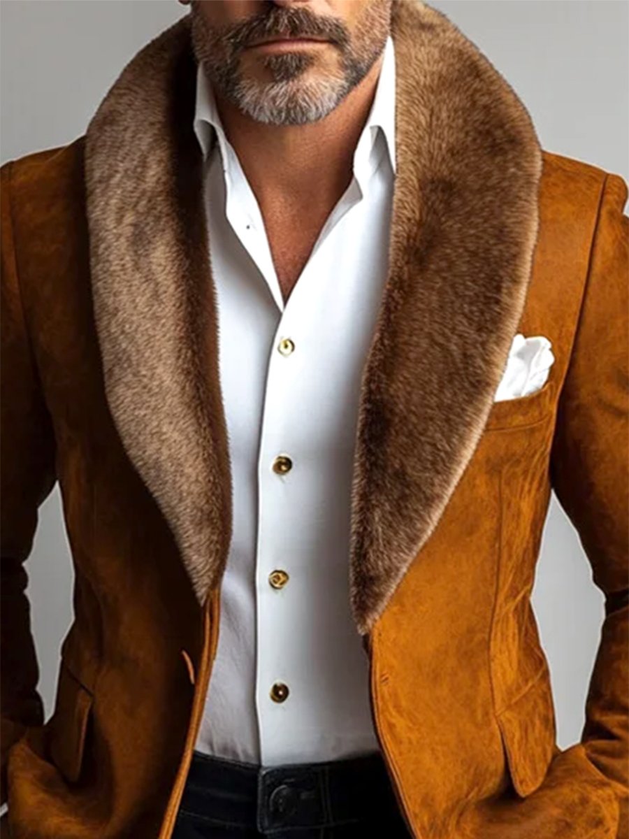 Moda uomo blazer in camoscio con risvolto in peluche e bottoni alla caviglia - Lussuoso & Elegante