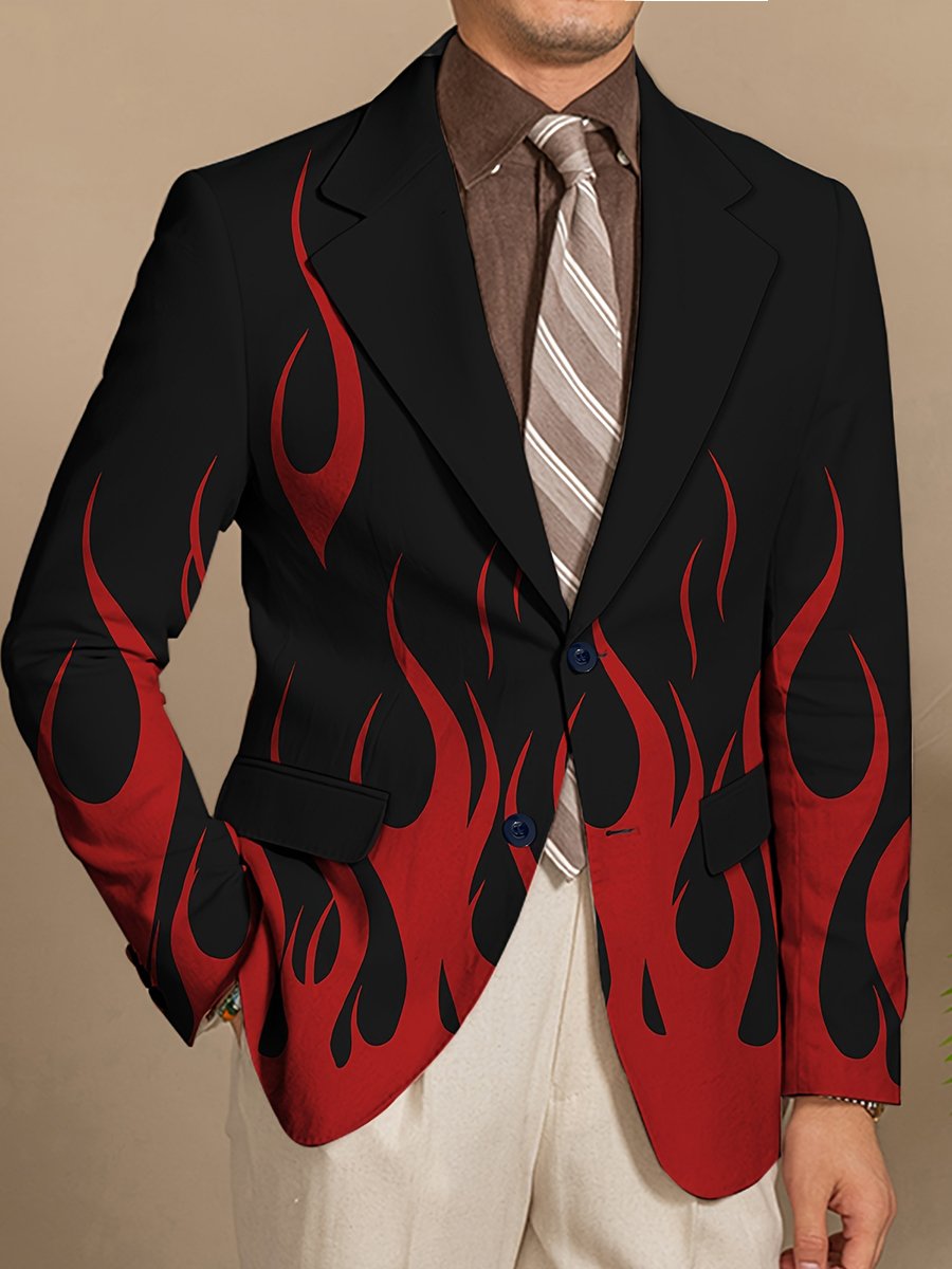 Blazer vintage da uomo con stampa a fiamme a contrasto e chiusura con bottoni