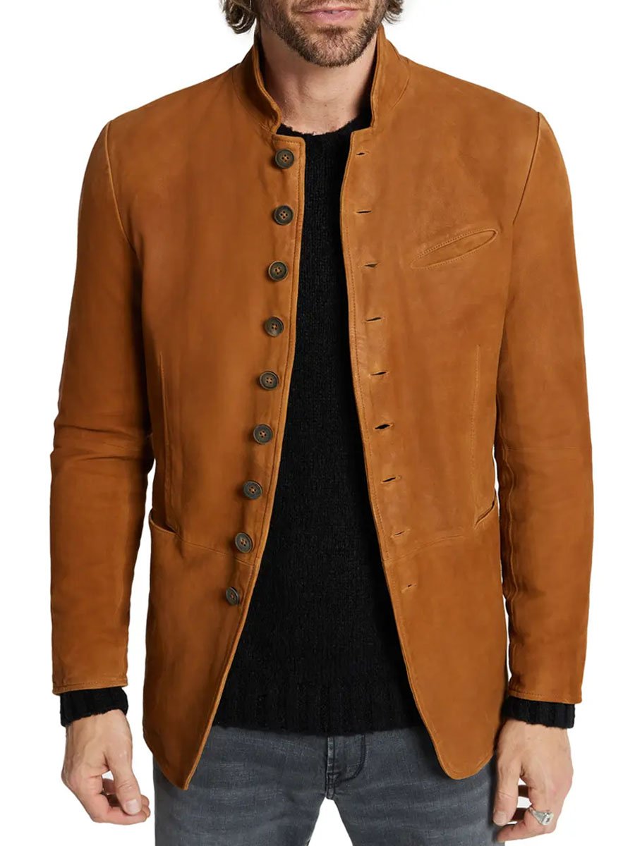 Blazer casual da uomo in pelle scamosciata vintage con colletto alla coreana - retrò e stiloso