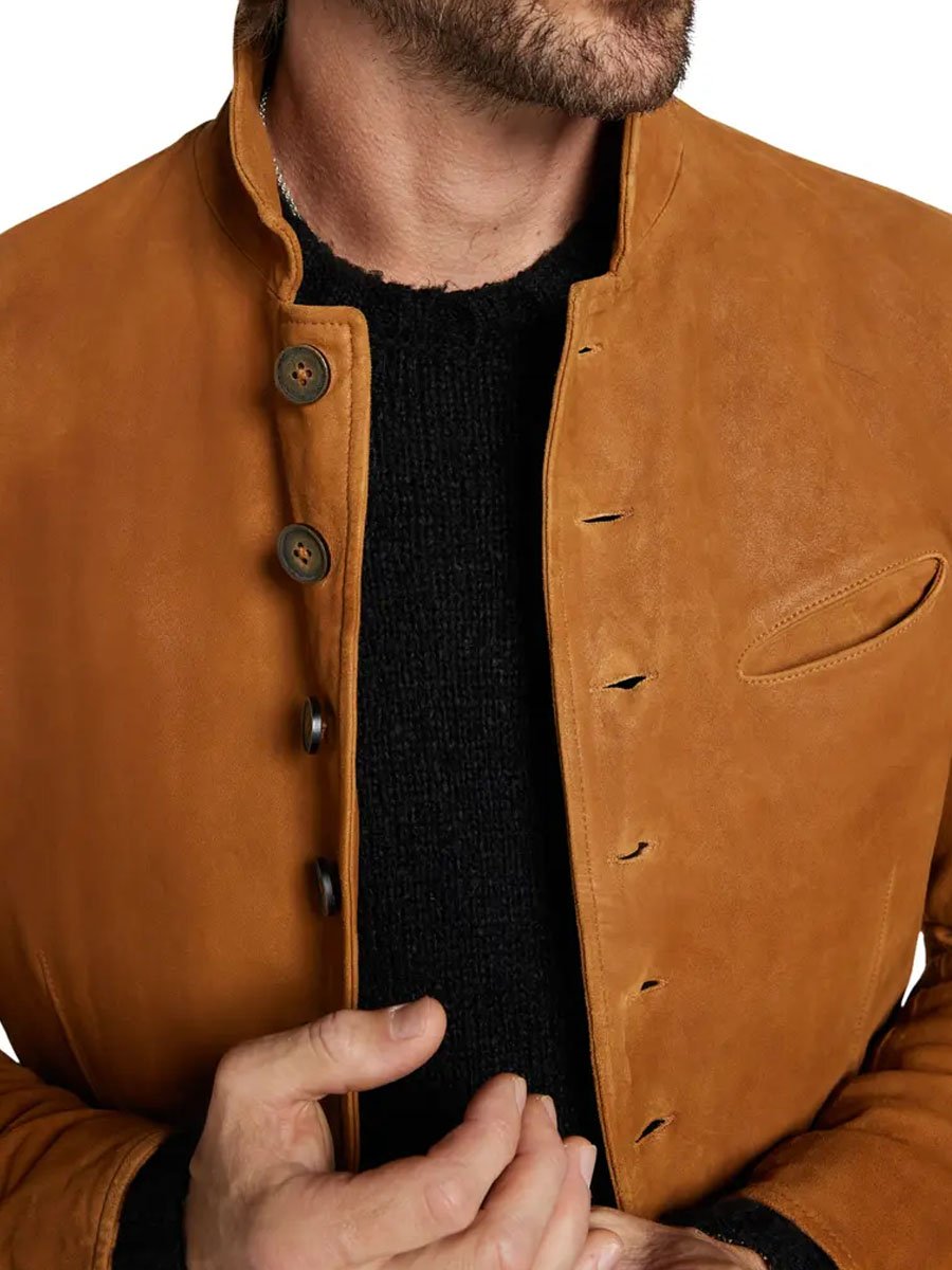 Blazer casual da uomo in pelle scamosciata vintage con colletto alla coreana - retrò e stiloso