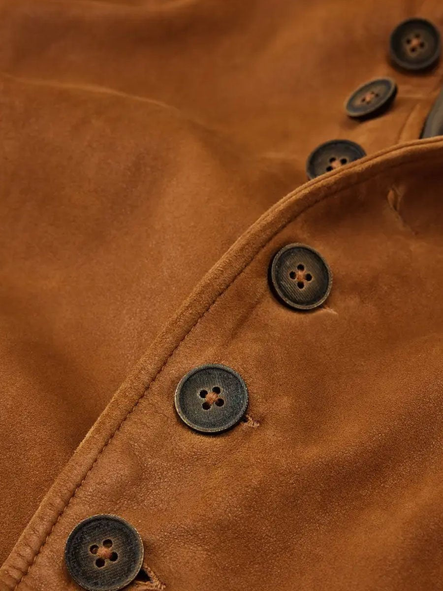 Blazer casual da uomo in pelle scamosciata vintage con colletto alla coreana - retrò e stiloso