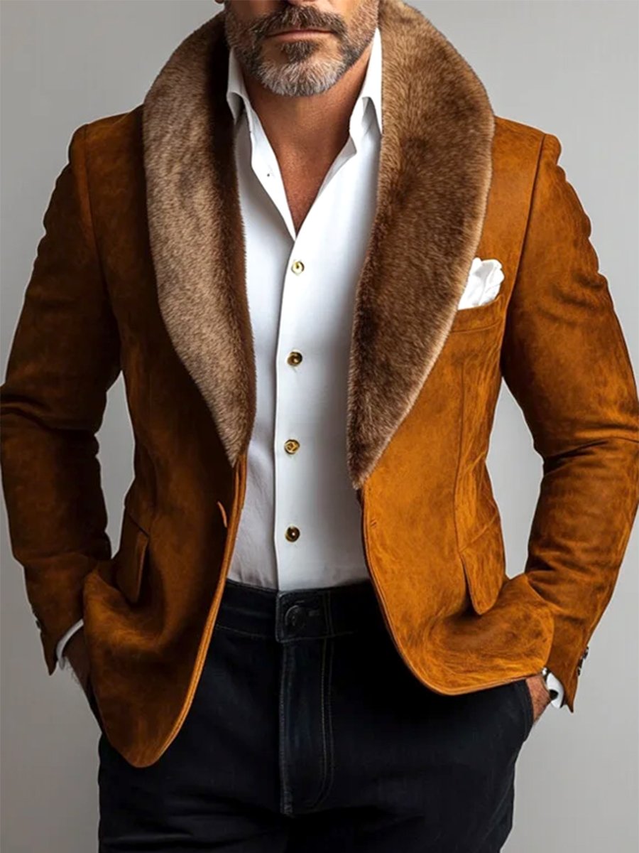 Moda uomo blazer in camoscio con risvolto in peluche e bottoni alla caviglia - Lussuoso & Elegante