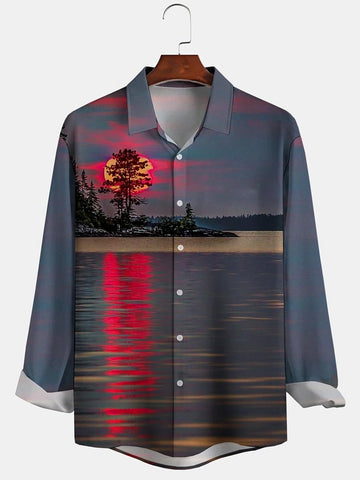 Camicia a maniche lunghe da uomo con stampa paesaggio all'alba - Elegante