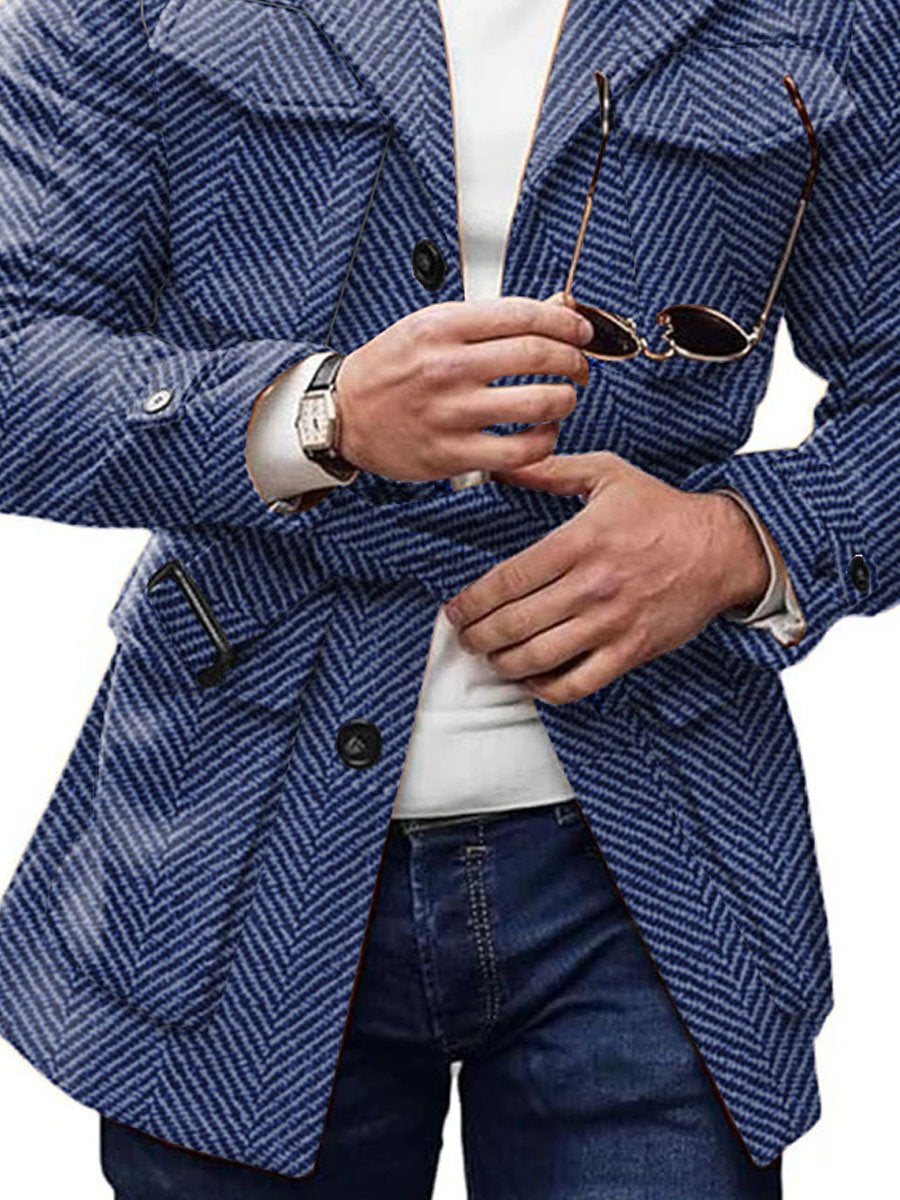 Veste vintage décontractée en laine chevrons à 4 poches avec laçage réversible - élégant & confortable