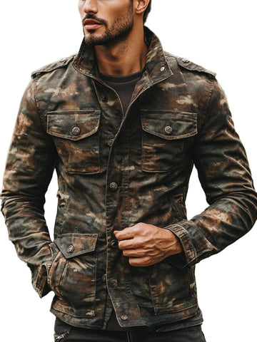 Giacca Casual Vintage da Uomo con Stampa Mimetica e Multi-Tasche con Cerniera