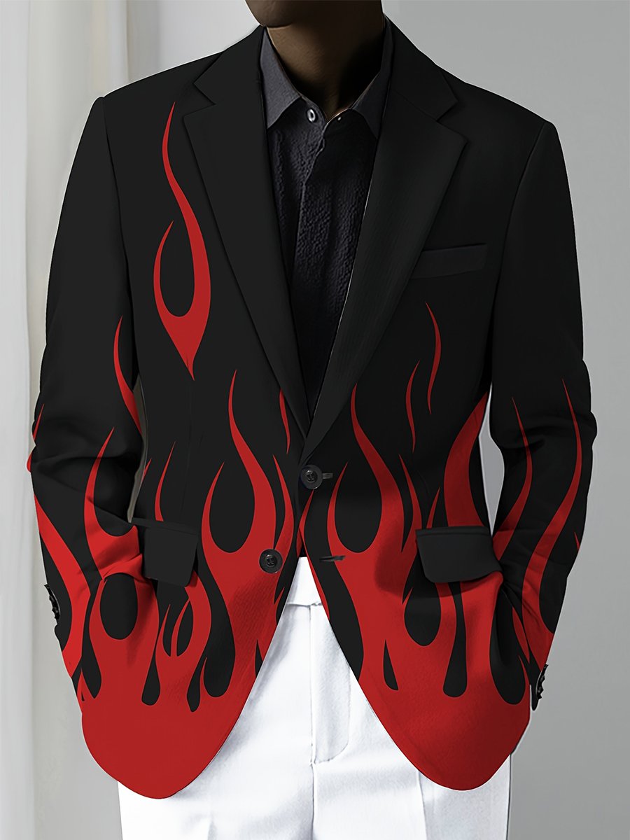 Blazer vintage da uomo con stampa a fiamme a contrasto e chiusura con bottoni