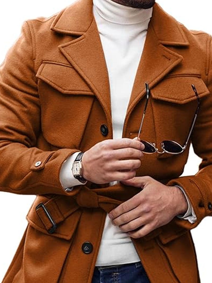 Veste multi-poches unie avec revers et laçage en laine - Élégante et confortable