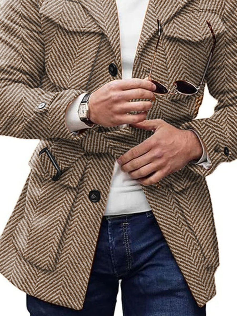 Veste vintage décontractée en laine chevrons à 4 poches avec laçage réversible - élégant & confortable