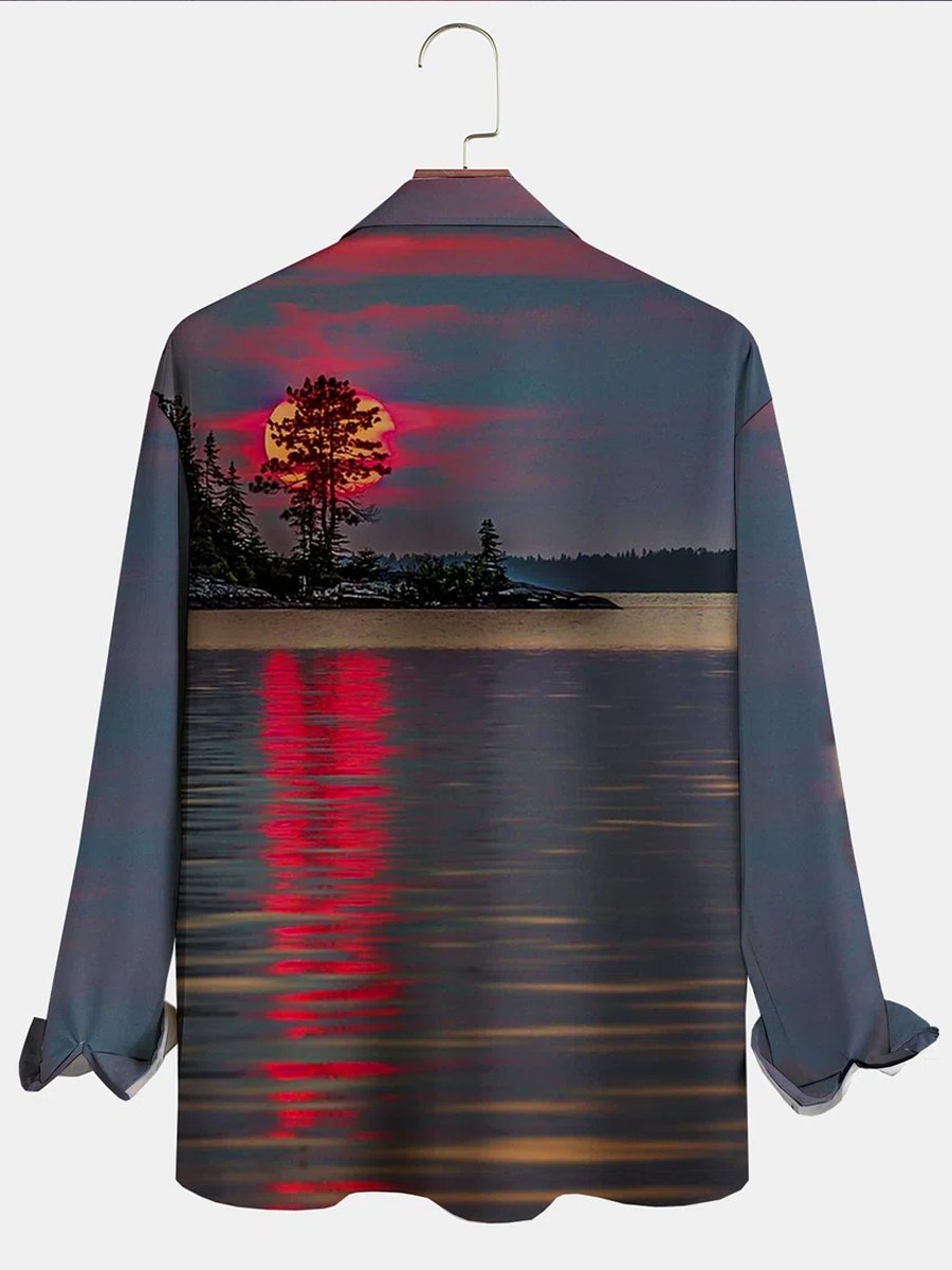 Camicia a maniche lunghe da uomo con stampa paesaggio all'alba - Elegante