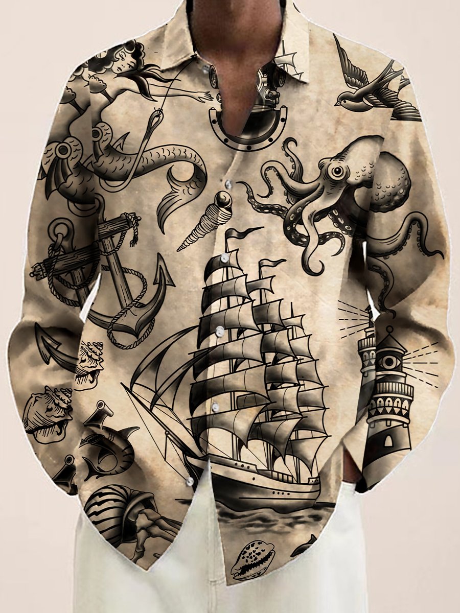 Camicia casual da uomo blu navy a maniche lunghe con stampa articolo Hawaii – comoda
